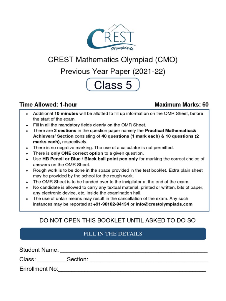 CMO Previous Year For Class 5 | PDF | Elementary Mathematics | Mathematics