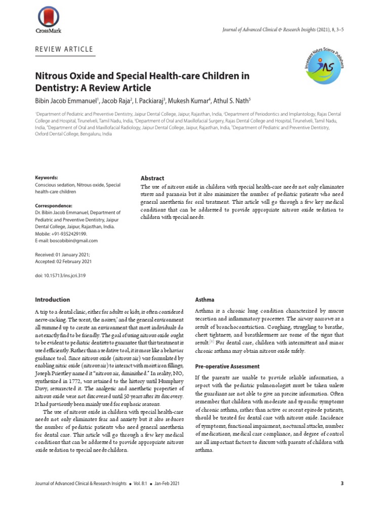 Nitrous Oxide and Special HealthCare Children in Dentistry A Review