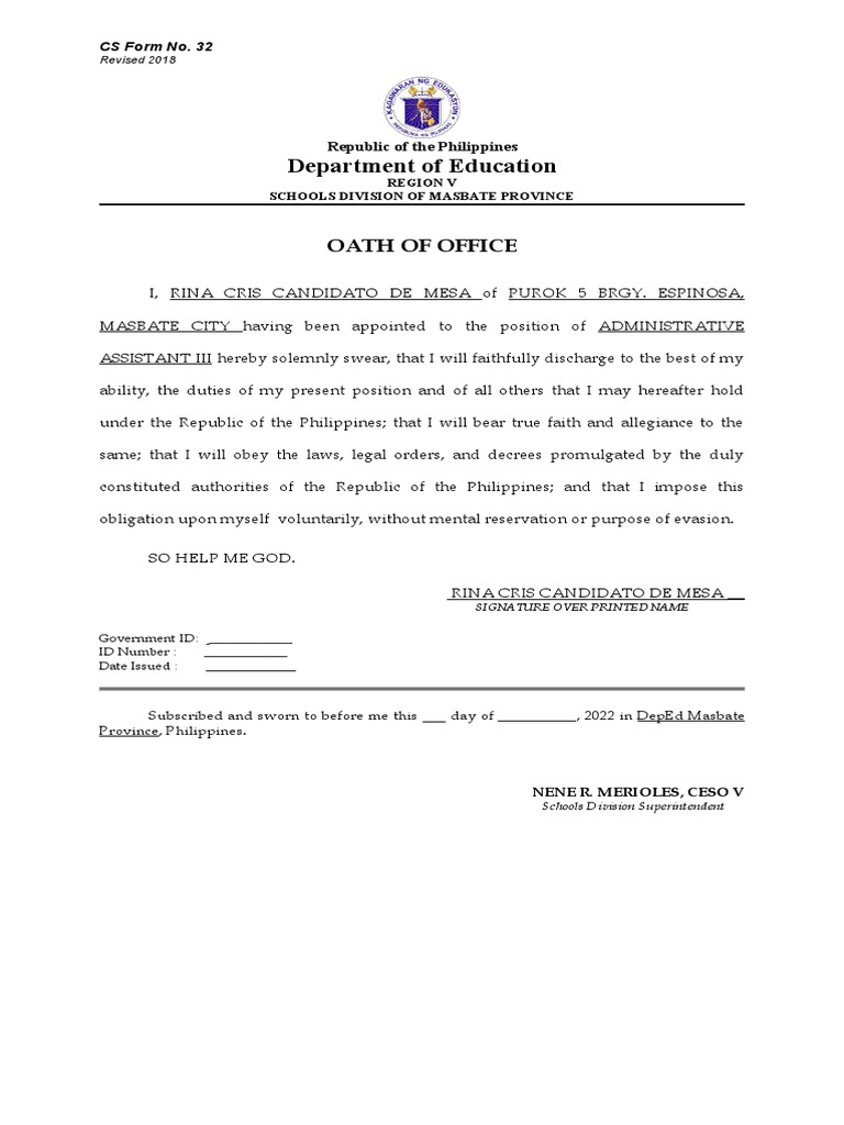 Oath of Office for Administrative Assistant III | PDF