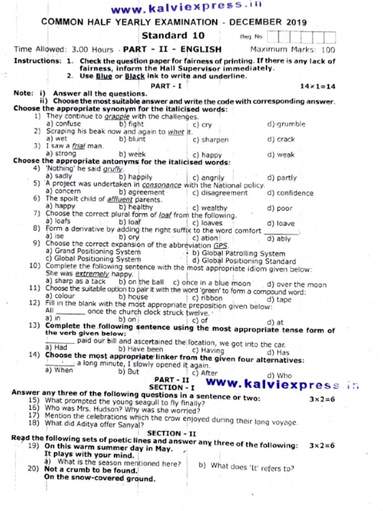 10th English Half Yearly Answer Key 2025