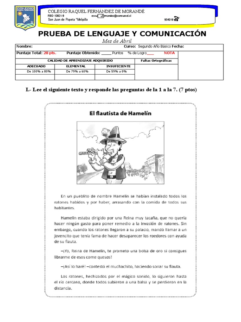 Prueba de Lenguaje para Segundo Básico | PDF | Blanco como la nieve