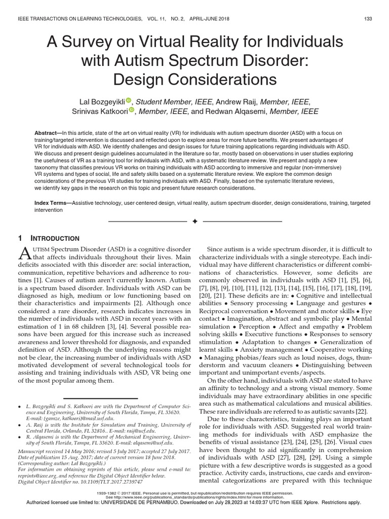 A Survey On Virtual Reality For Individuals With Autism Spectrum