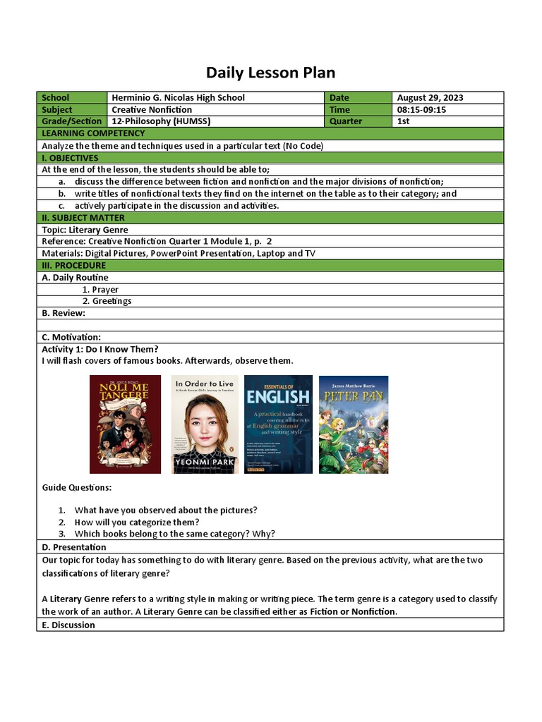 Creative Nonfiction Quarter 1 Week 1 Day 1 Pdf Non Fiction