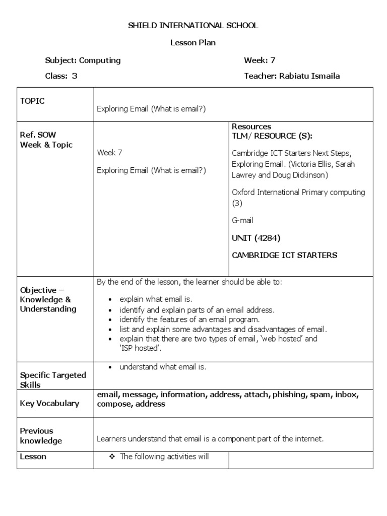 Lesson Plan: Exploring Email Basics | PDF | Learning | Educational ...