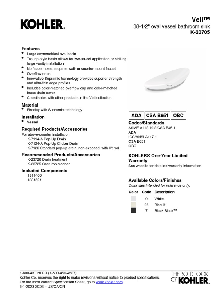 K-20705 Spec US-CA Kohler en | PDF | Manufactured Goods | Materials