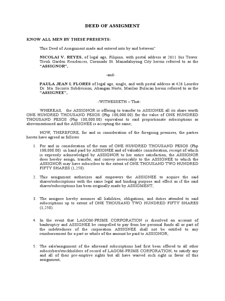 Deed of Assigment Mr. Reyes | PDF | Assignment (Law) | Law Of Obligations
