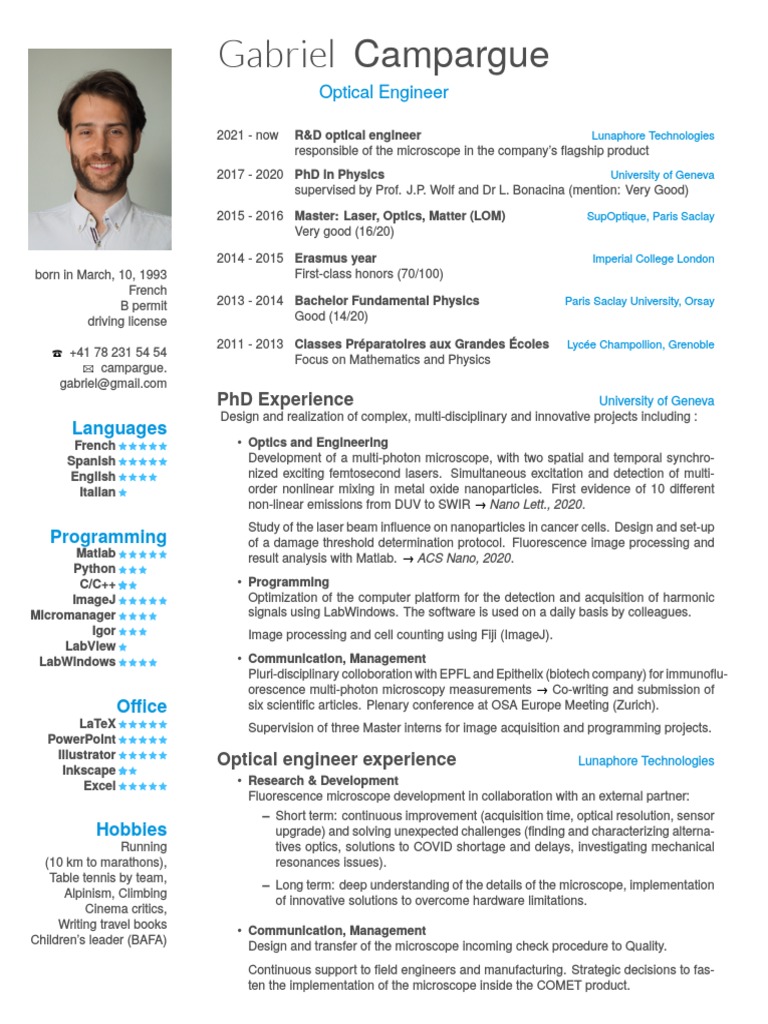 Gabriel Campargue: Optical Engineer CV | PDF | Microscope | Laser