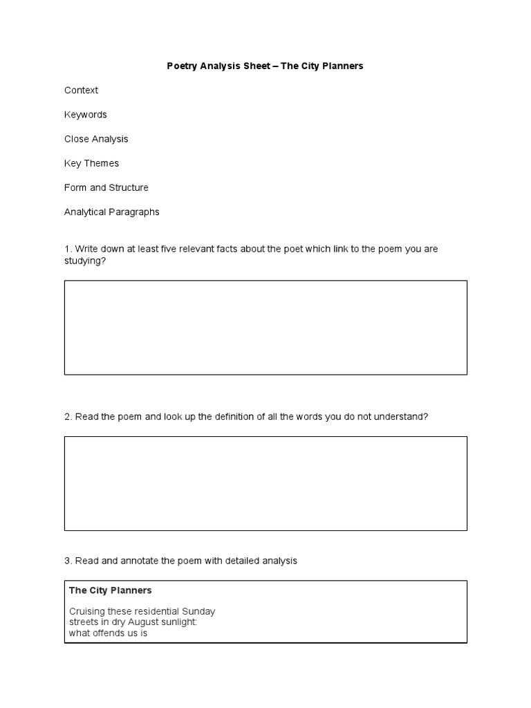Poetry Analysis Sheet The City Planners PDF