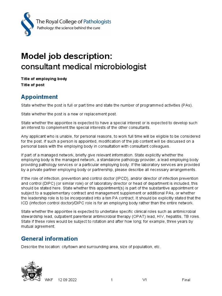 Model Job Description For A Consultant Medical Microbiologist PDF