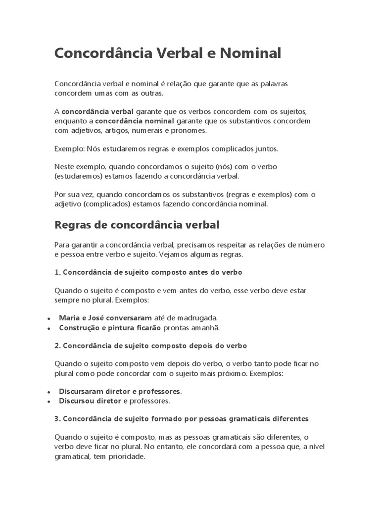Regras de Concordância Verbal e Nominal | PDF | Assunto (gramática ...
