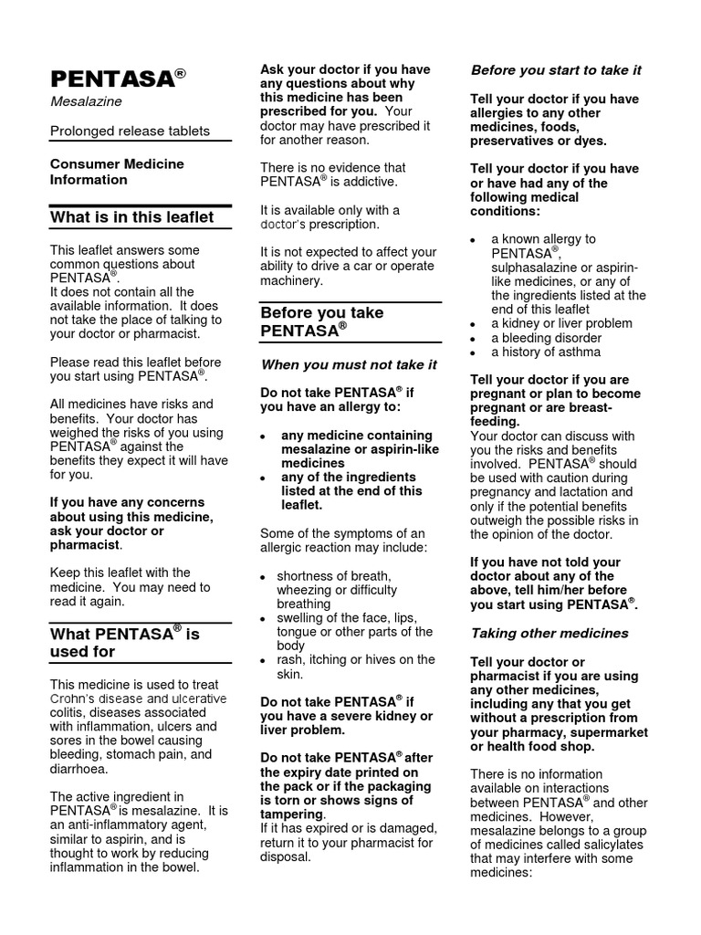 Pentasa Tab PDF Crohn's Disease Nausea