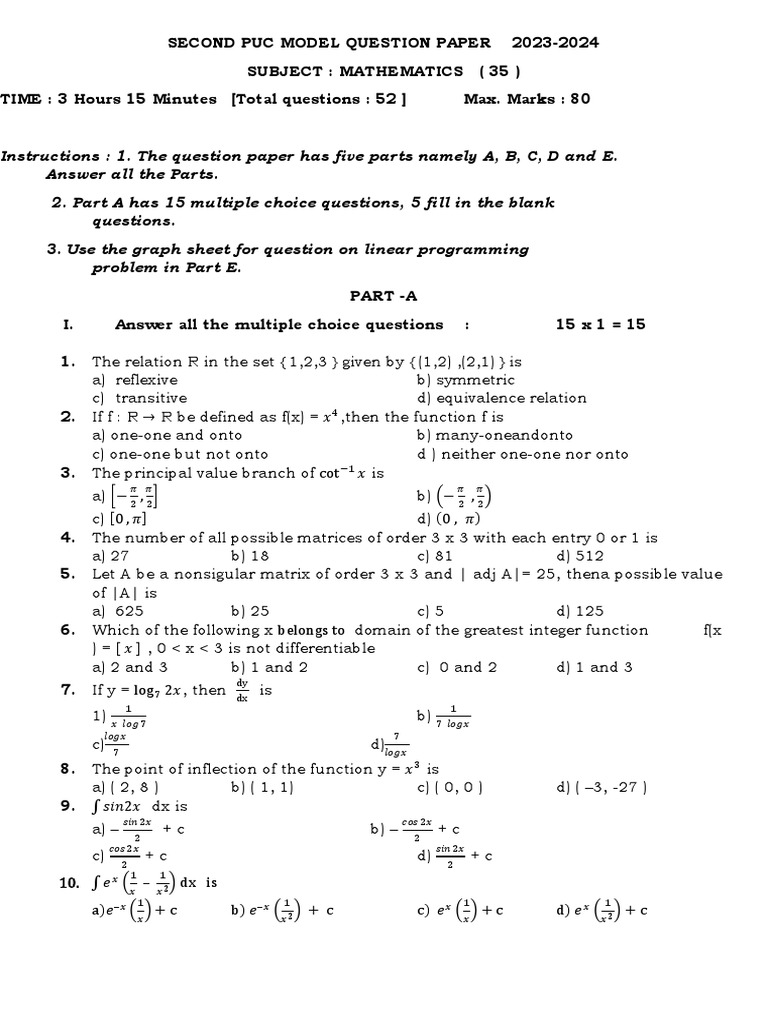 Second PUC Mathematics Model Paper 2023-24 | PDF | Matrix (Mathematics ...
