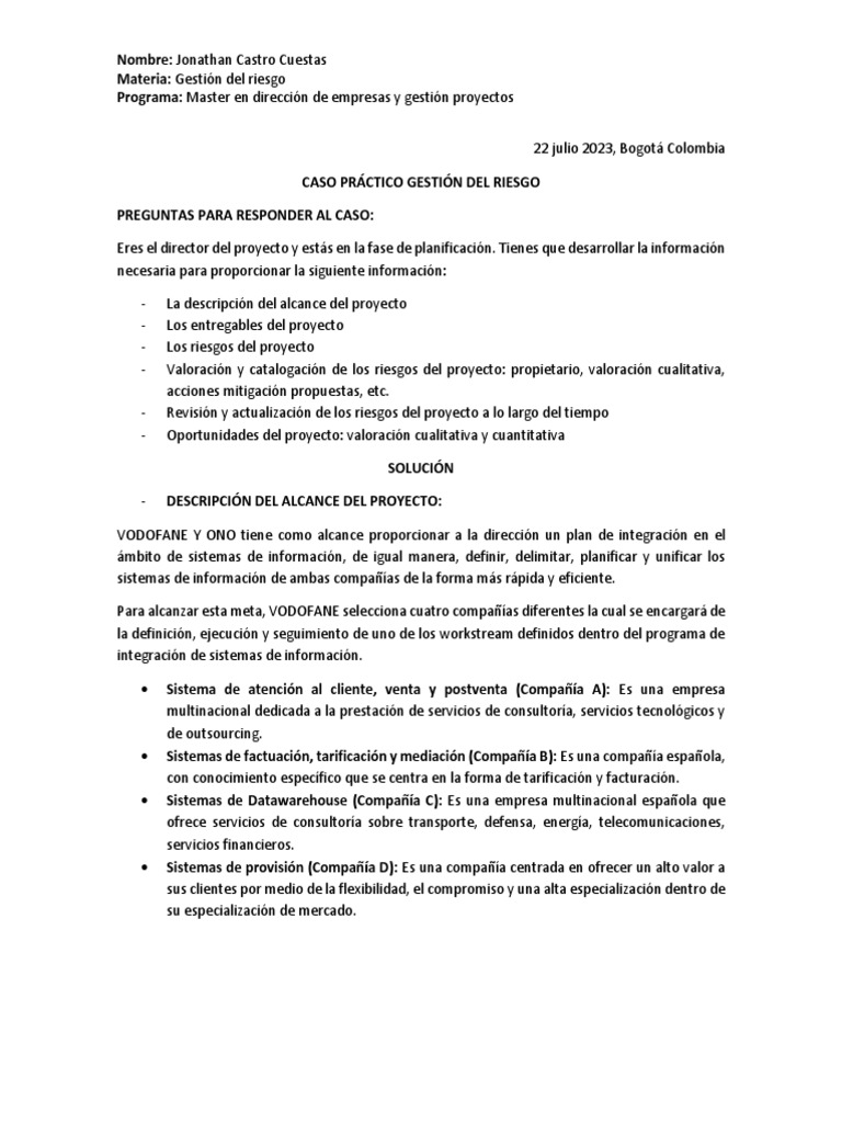 Caso Práctico Gestion Del Riesgo Pdf Business Outsourcing