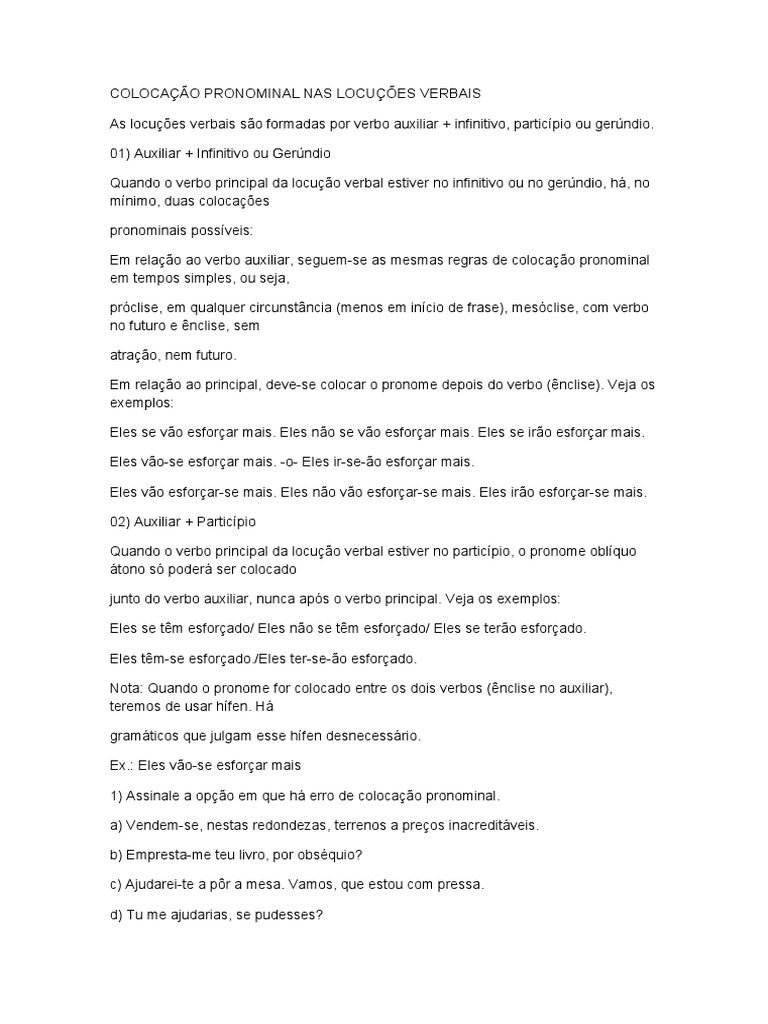 Colocação Pronominal em Locuções Verbais | PDF | Pronome | Gramática