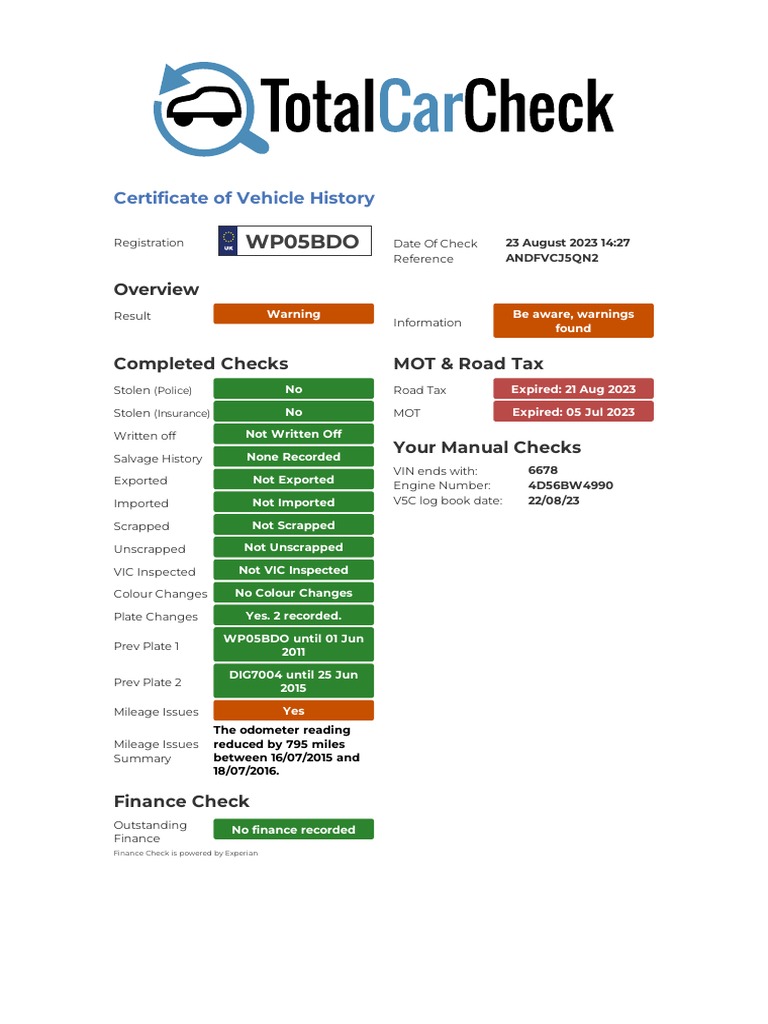 Total Car Check Report For WP05BDO | PDF | Motor Vehicle | Manufactured ...