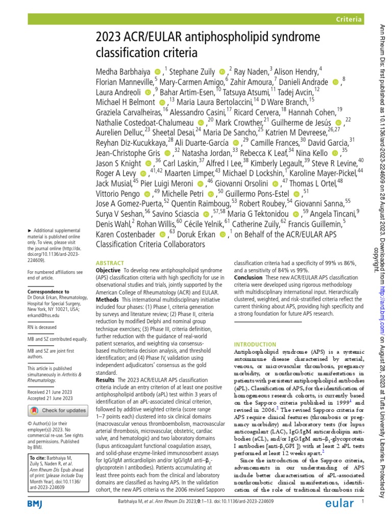 APS New Calssification Criteria PDF Hypertension Blood Pressure