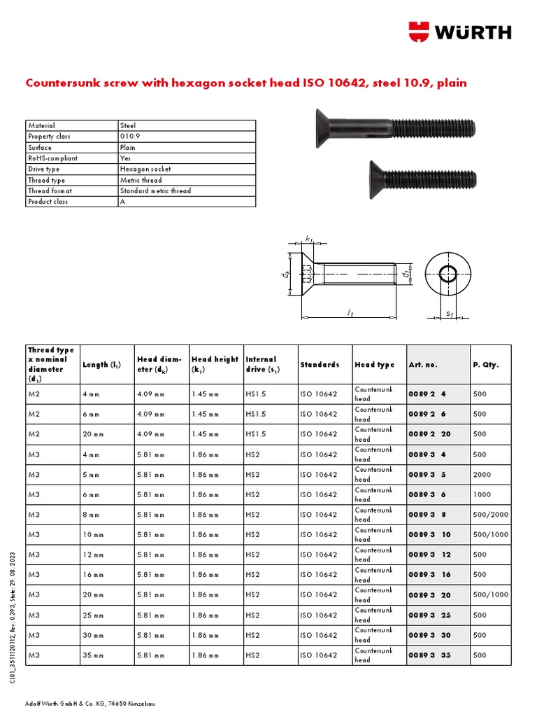 ISO 10642 Countersunk Screw Specs | PDF | Screw | Manufactured Goods