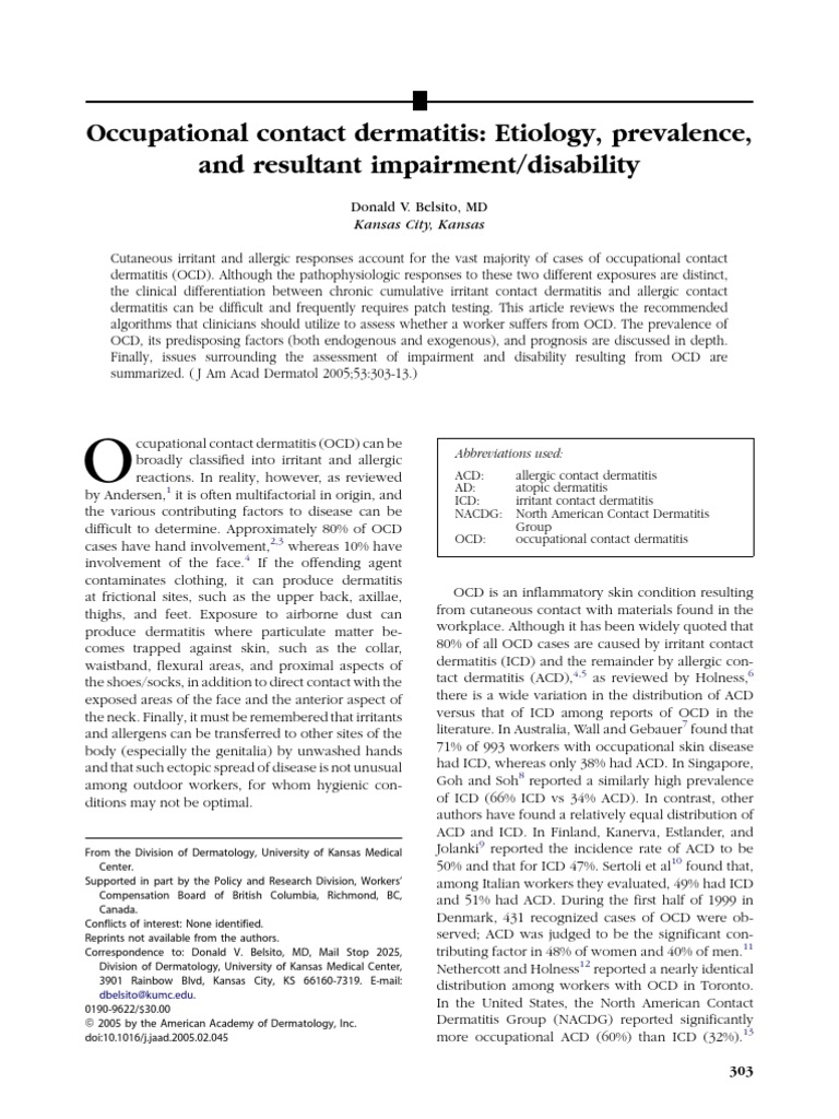 Occupational Contact Dermatitis Etiology, Prevalence, and Resultant