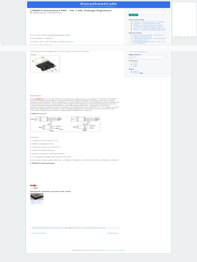 L7805CV 5V, 1.5A, Voltage Regulator | PDF | Power Supply | Electrical ...