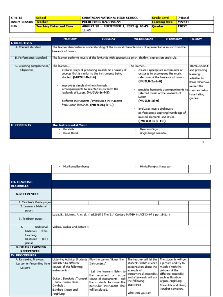 Grade 7 MAPEH Music 1st Quarter DLL | PDF | Musical Instruments ...