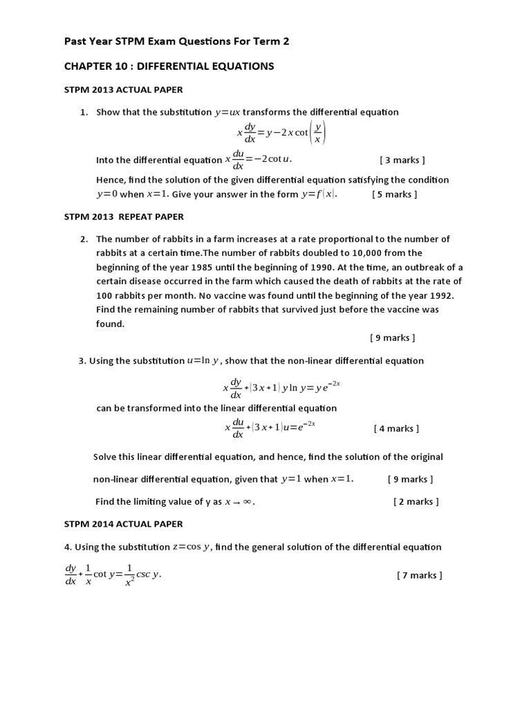 STPM Differential Equations Exam Questions | PDF | Equations ...