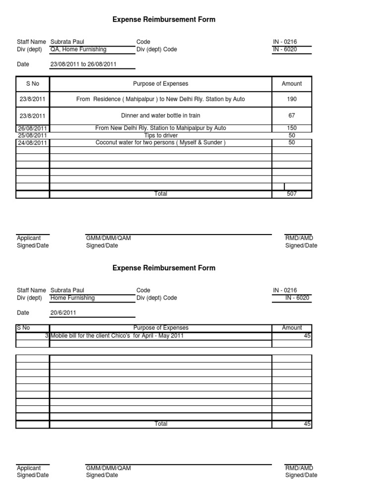 Expense Reimbursement Form Template | PDF