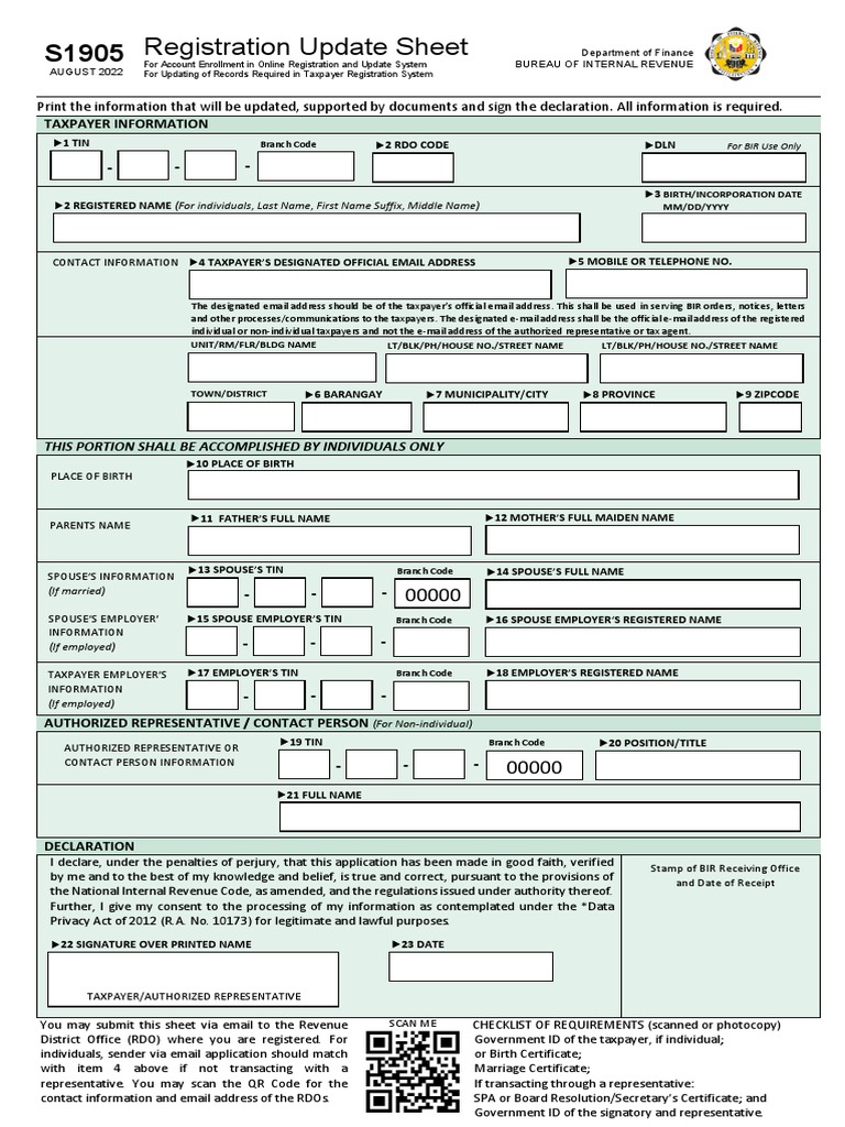 bir-s1905-registration-update-sheet-pdf-government-finances-taxes