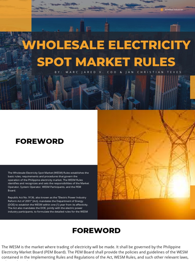Wholesale Electricity Spot Market Rules Coo and Teves PDF Market
