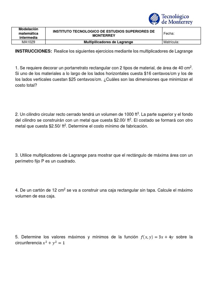 Ejercicios de Multiplicadores de Lagrange | PDF