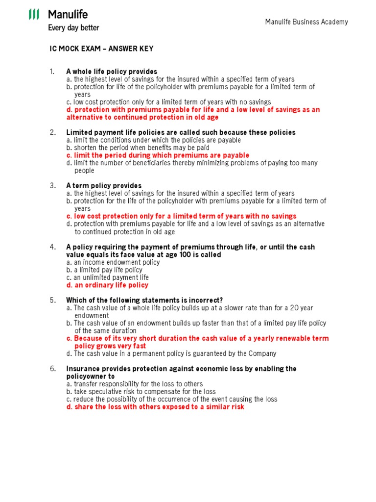 Trad Ic Mock Exam Answer Key | PDF | Insurance | Life Insurance