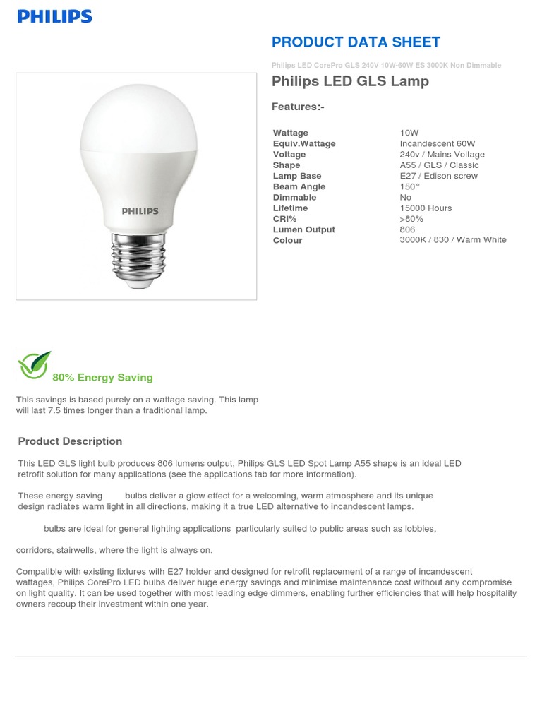 Philips LED GLS Lamp: Product Data Sheet | PDF | Incandescent Light ...