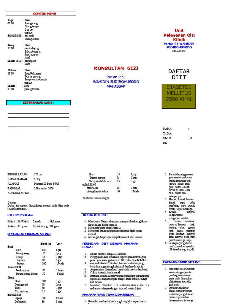 Menu Diet Diabetes 2500 Kkal Sehari | PDF