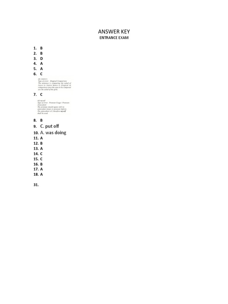 Grade 7 Entrance Exam Answer Key | PDF