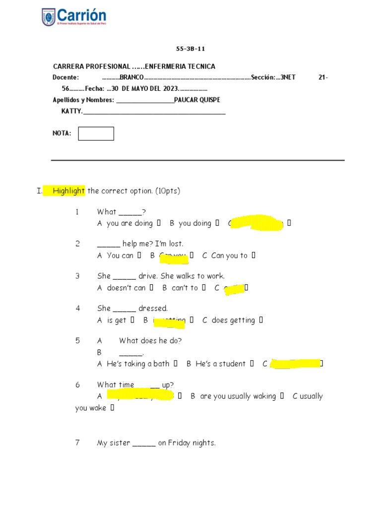 Exam Present Continuous Simple Present 3 Pdf