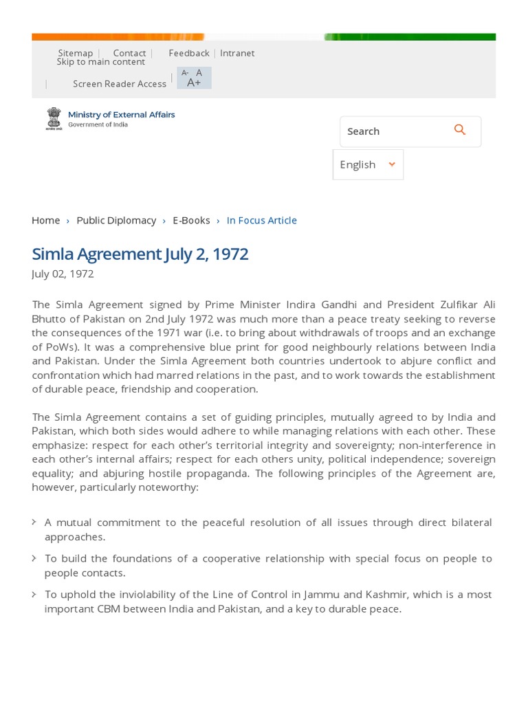 Simla Agreement July 2, 1972 PDF Diplomacy International Relations