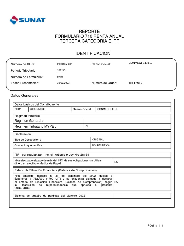 Reporte Formulario 710 Renta Anual Tercera Categoria E Itf: Datos ...