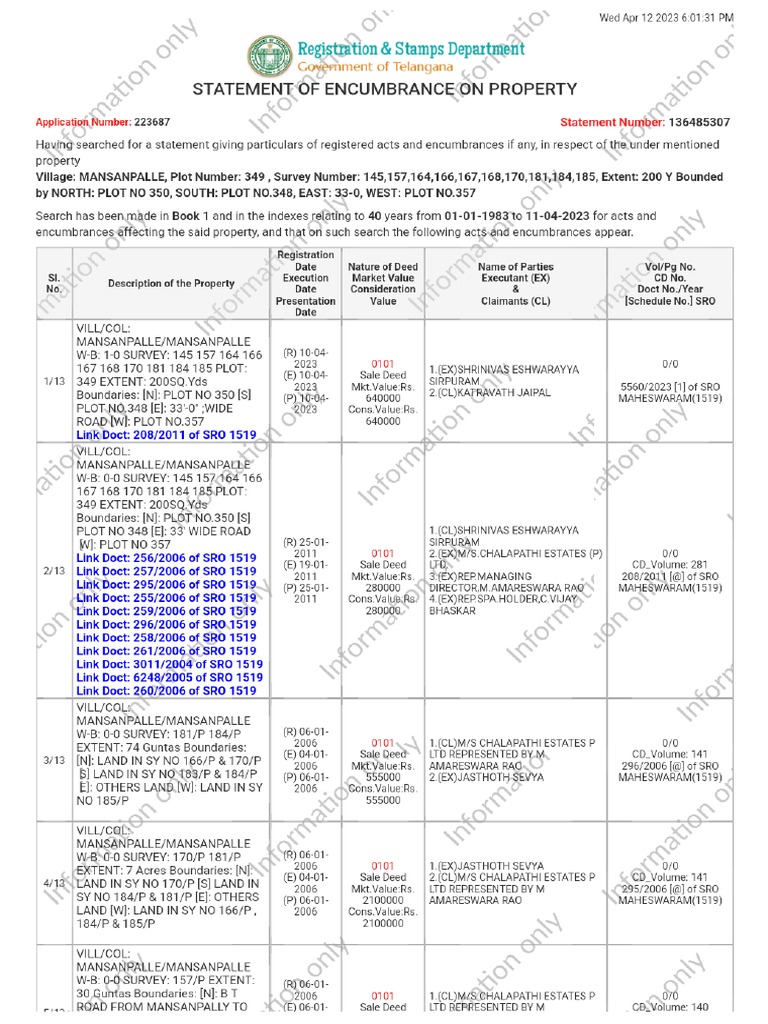 Statement of Encumbrance On Property PDF