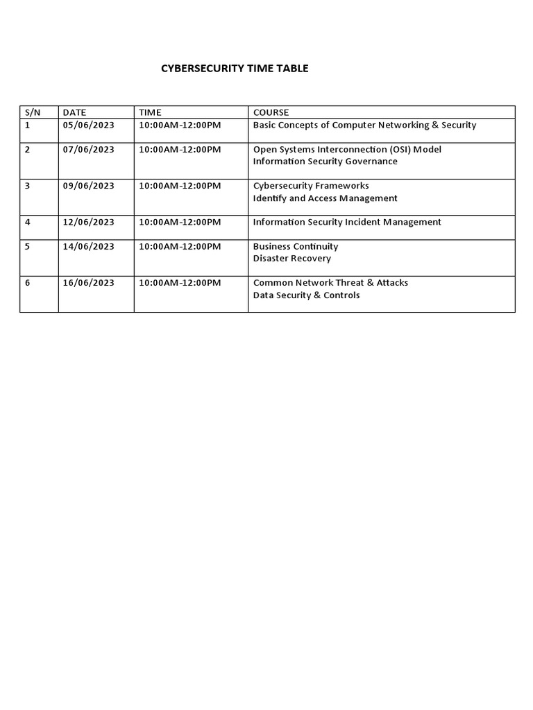 Cybersecurity Course Schedule | PDF