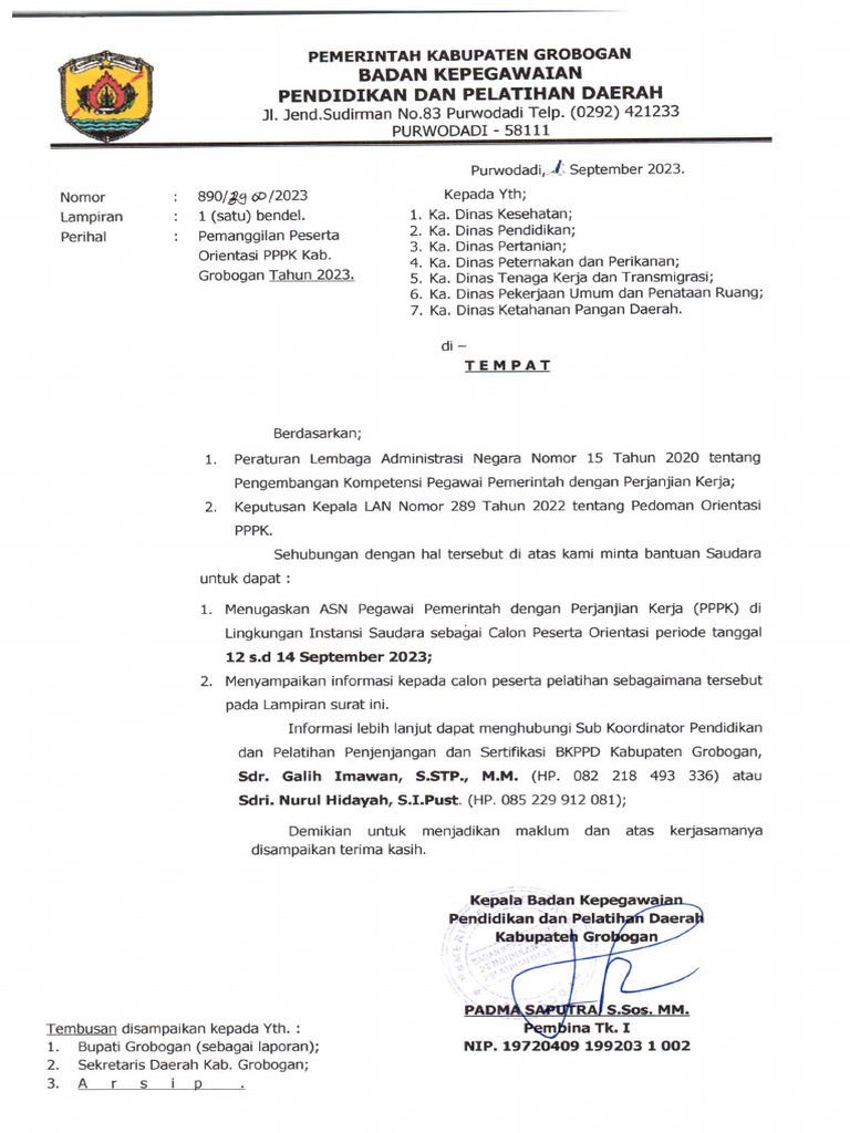 Pemanggilan Peserta Orientasi P3K TAHUN 2023 | PDF