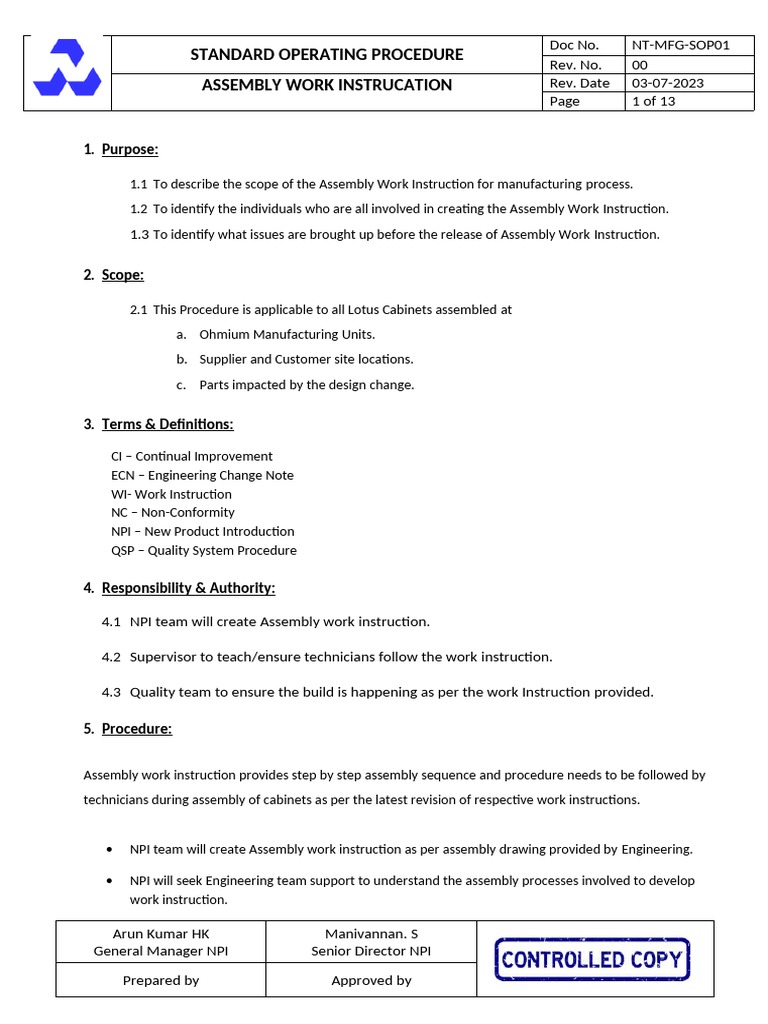 NT-DeS-SOP01 SOP For Assy Work Instruction | PDF