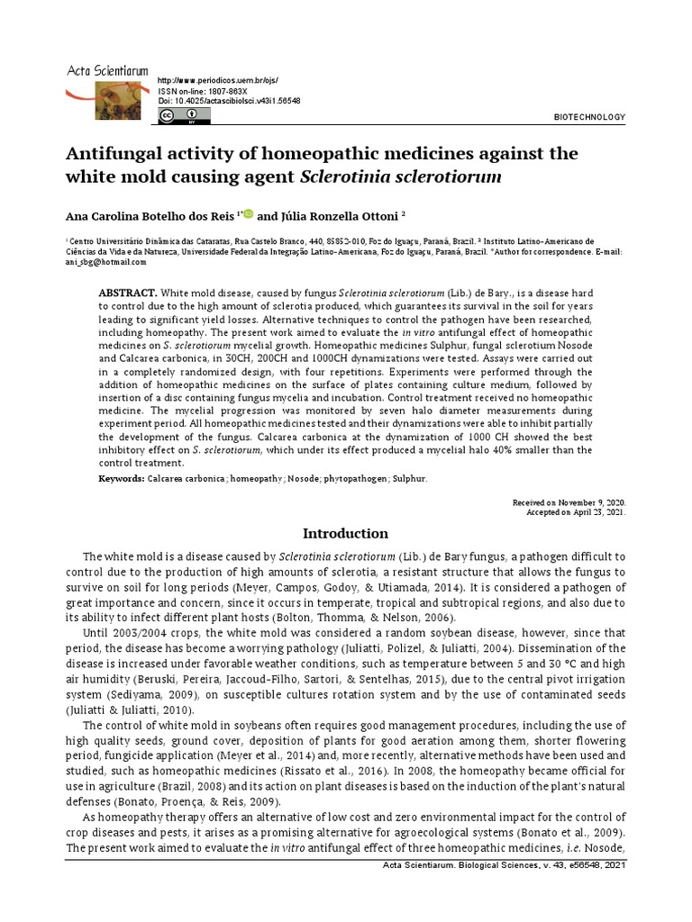 Antifungal Activity of Homeopathic Medicines Again Download Free PDF