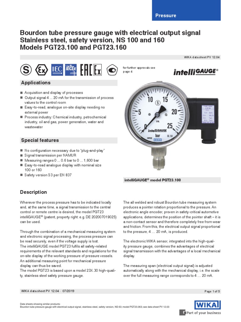 Wika Pgt23.1001 Datasheet PDF Pressure Measurement Electrical