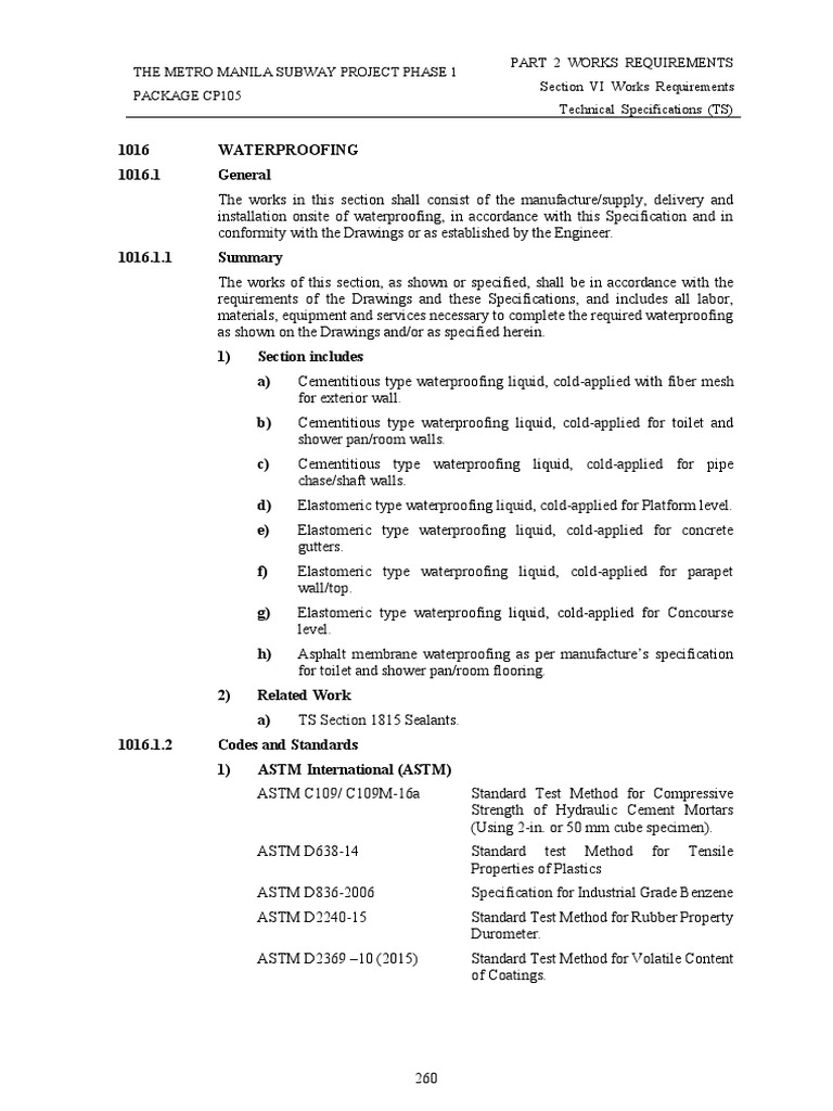 Metro Manila Subway Waterproofing Specs | PDF | Concrete | Cement