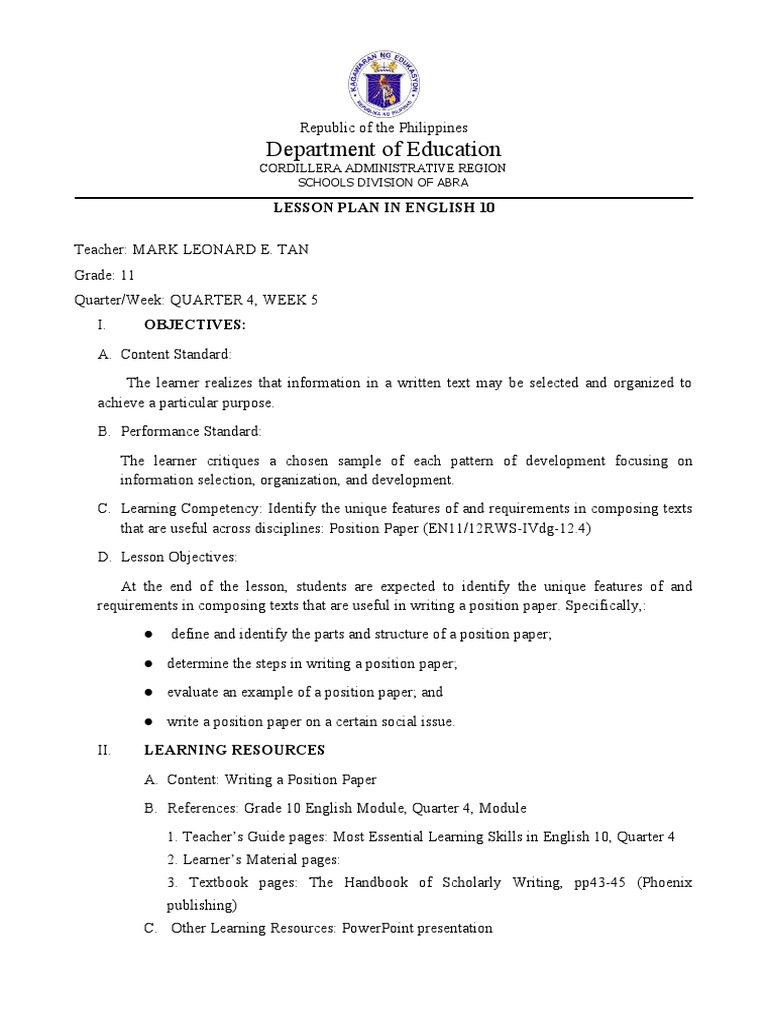 English 10 Lesson Plan: Position Paper | PDF | Definition | Question