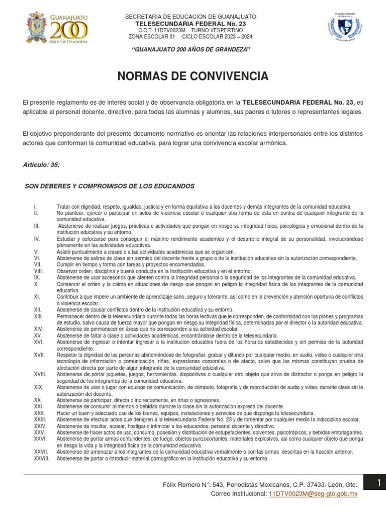 Reglamento de Convivencia Escolar 2023 | PDF | Violencia