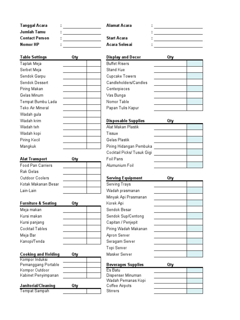 Checklist Perlengkapan Catering Acara | PDF