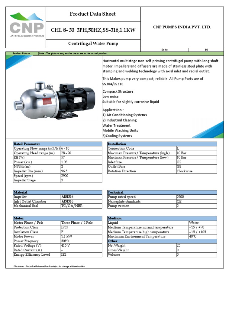 CNP CHL 8 Centrifugal Pump Data Sheet | PDF | Pump | Electric Motor