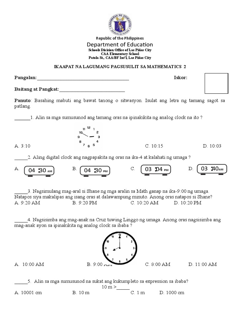 Math 4TH Quarter Exam 1 | PDF