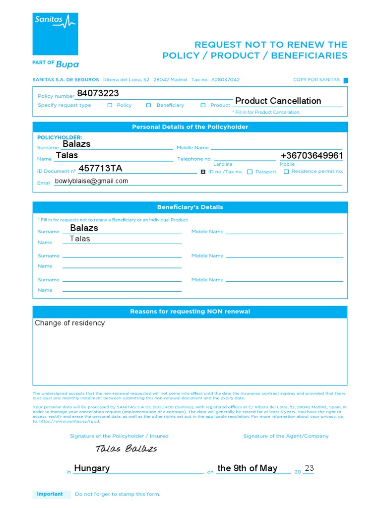 Dental Premium Cancellation Form PDF Insurance