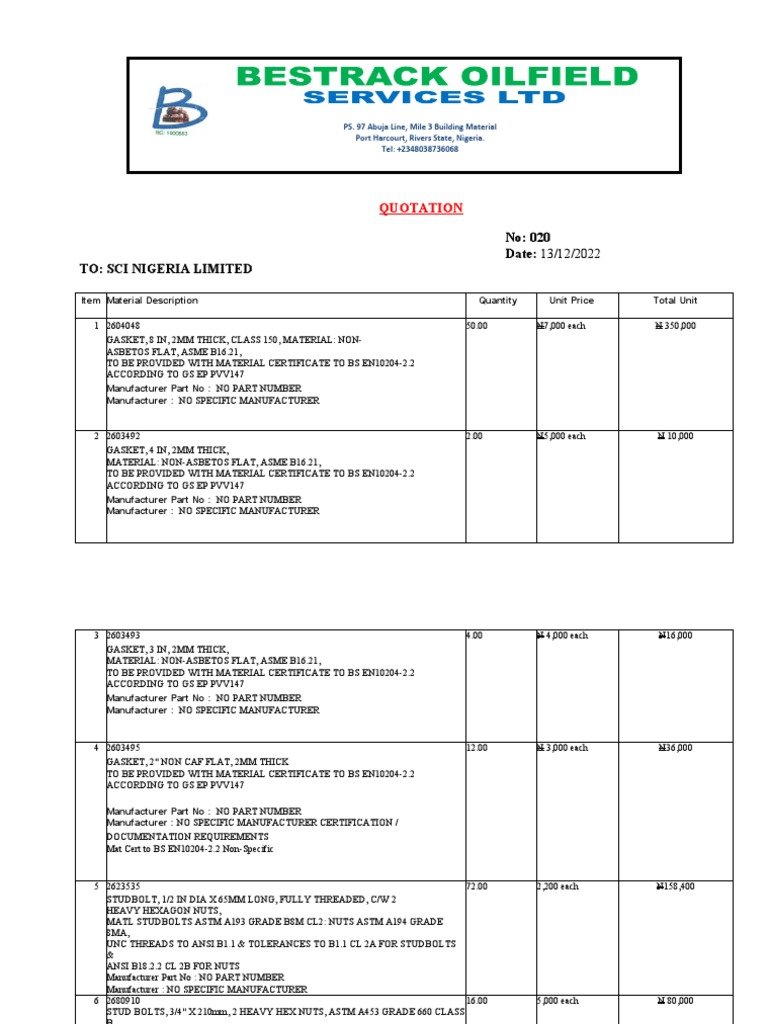 Gaskets and Studbolts Quotation Details | PDF | Technology & Engineering